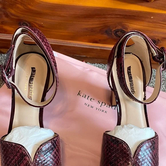 Kate Spade Perry Cherrywood Maroon Snakeskin Peep-Toe Heels 7.5